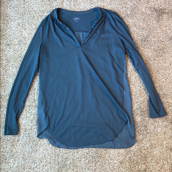 LOFT Slate Blue Mixed Media Vneck Longsleeve Top - Picture 2 of 5